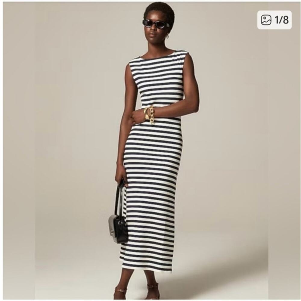 J. Crew Knit Boatneck Midi Maxi Dress Striped Ribbed Medium Nautical Preppy NEW - Picture 1 of 11